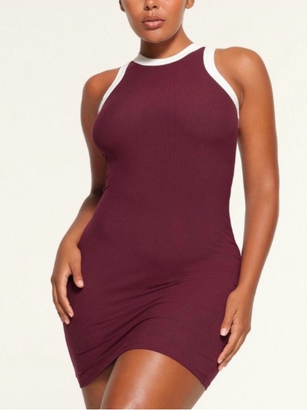 SKIMS Ribbed Racer Mini Dress in Wine with White Trim